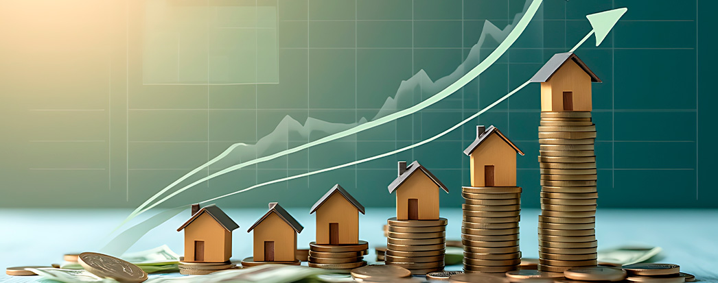 miniaturas de casas em cima de moedas em forma descrescente