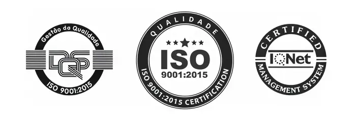 Selos de certificação ISO 9001 e gestão da qualidade representando compromisso com a qualidade nos processos da Afixcode