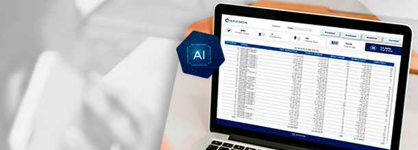 Sistema de inventário patrimonial em notebook com análise de dados e ícone de IA representando BI no inventário patrimonial