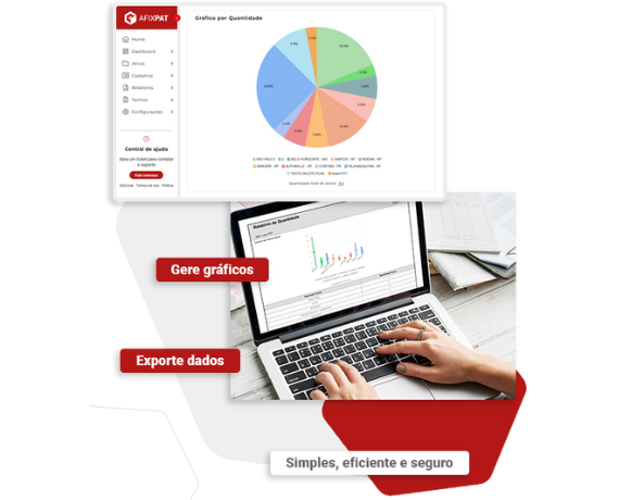 Sistema Afixweb para o outsourcing exibindo gráficos, relatórios e exportação de dados em plataforma de gestão patrimonial