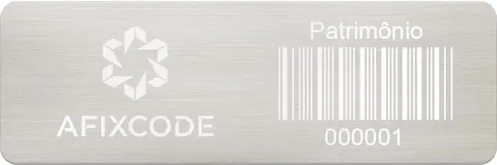 Placa patrimonial em aço inox Afixcode com gravação a laser, código de barras e numeração para controle de ativos