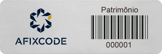 Placa de patrimônio em alumínio Afixcode com código de barras e numeração para identificação patrimonial