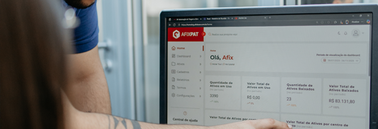 Dashboard do sistema AfixPat exibindo dados de ativos e inventário em tempo real no controle patrimonial