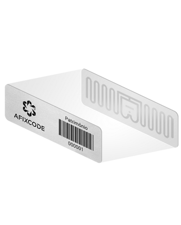 Etiqueta RFID para patrimônio Afixcode com código de barras e chip interno para rastreamento e gestão de ativos