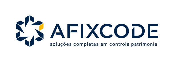 Logotipo da nova marca Afixcode com símbolo institucional e texto soluções completas em controle patrimonial