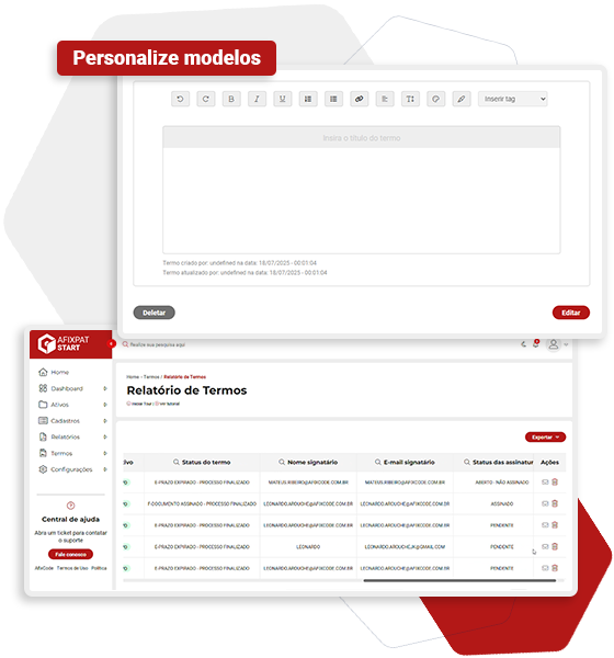 Sistema AfixPat Start com personalização de modelos e gestão de termos para controle de ativos na plataforma patrimonial