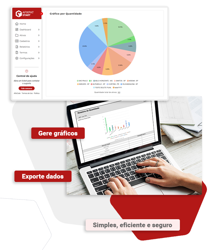 Sistema AfixPat Start com geração de gráficos e exportação de dados para controle de ativos em plataforma de gestão patrimonial